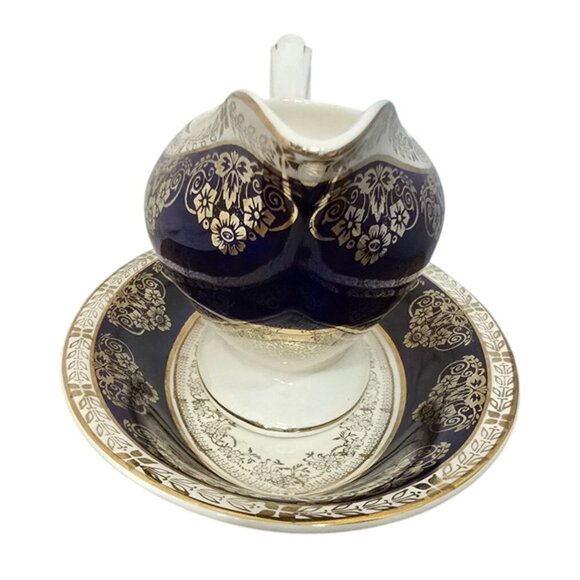 Antique Gravy Boat & Under Plate Crown Ducal Cobalt Blue Gold Floral England - Picture 4 of 8